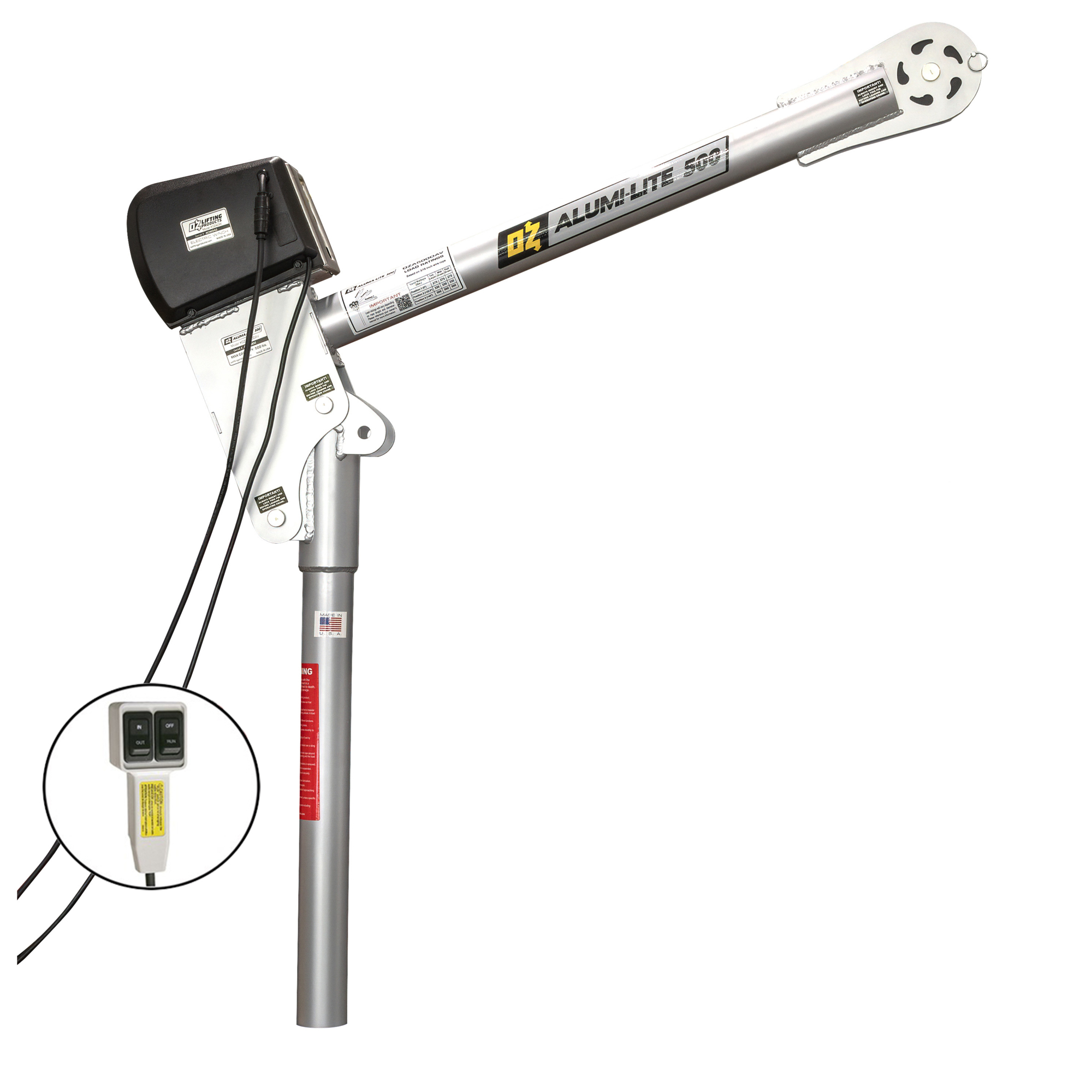 OZ Lifting Products, 500 lb Alumi-Lite davit crane with Electric winch, Max. Capacity 500 lb, Max. Lift 90 ft, Model# OZA500DAV-DCW